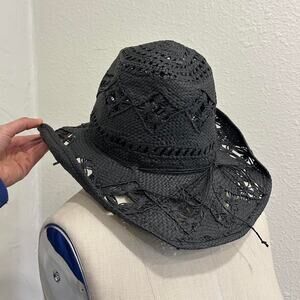 Black Woven Cutwork Straw Sun Hat Wide Brim One Size Black Straw Cowboy Hat